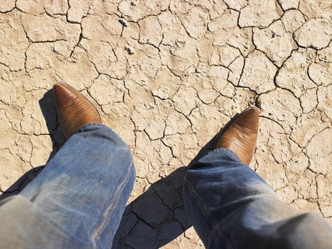 Person in Jeans and Cowboy Boots Standing on Cracked Dirt